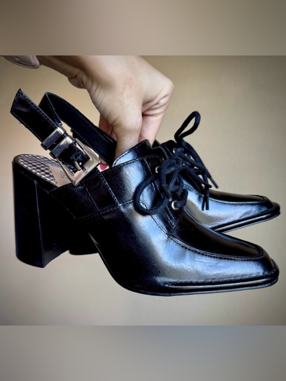 Antonio Melani Leather Rae Heels Loafers Shoes Black Silver 7.5